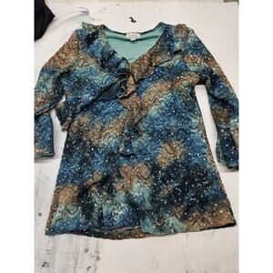 Dressbarn Sparkley Blue Green Long Sleeve Blouse Women's Size Medium